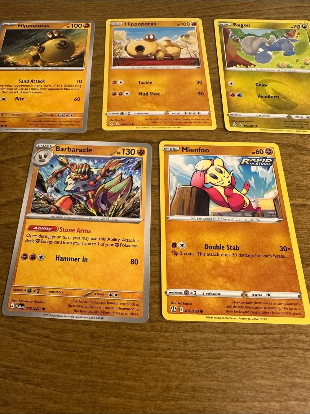 Lot of 5 Pokemon Cards - Hippopotas, Bagon, Mienfoo, and Barbarcle